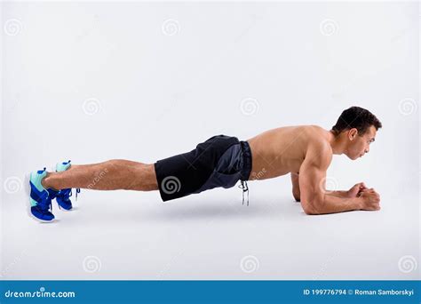 Full Body Profile Photo Of Handsome Macho Sportsman Dark Skin Guy Naked Chest Warming Up