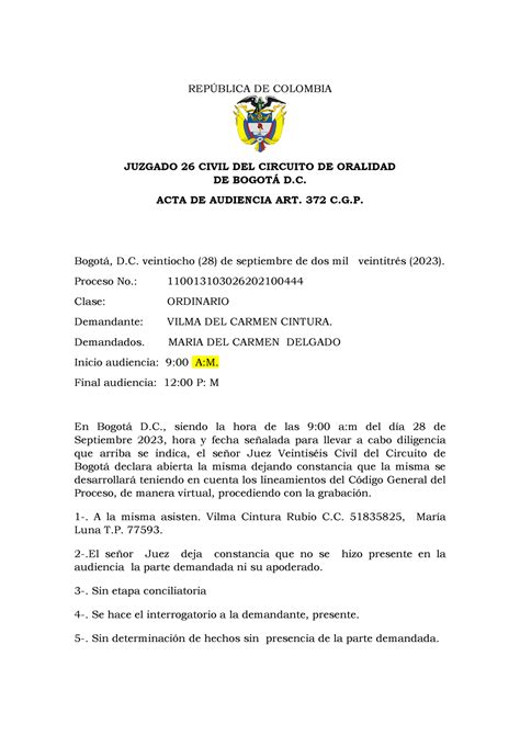 Acta Inicial Copia Acta Rep Blica De Colombia Juzgado