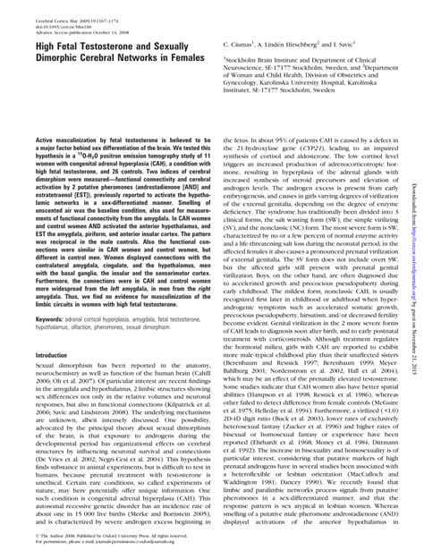 Pdf High Fetal Testosterone And Sexually Dimorphic Cerebral Networks In Females