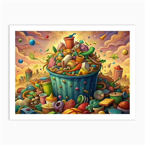 Oversized Trash Can Overflowing With Garbage In A Cityscape Art Print