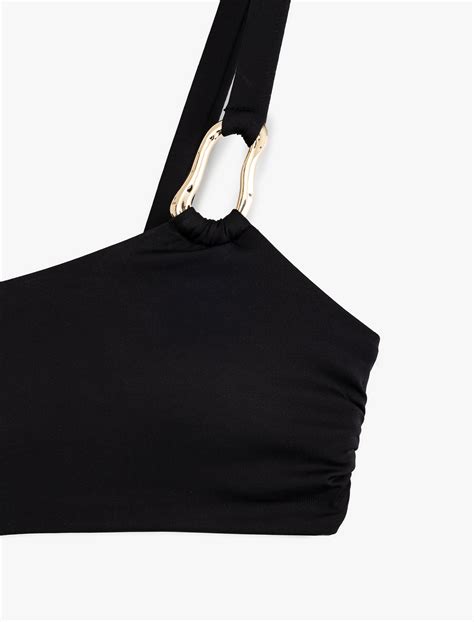 Siyah Kadın Hafif Destekli Metal Aksesuarlı Tek Omuz Bikini Üstü SAK MM Koton