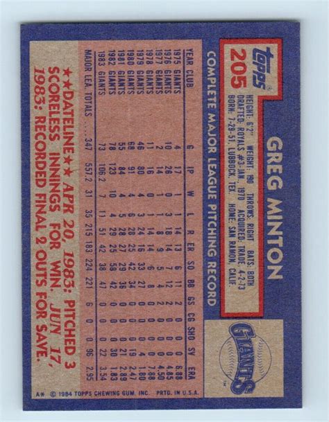 1984 Topps Greg Minton San Francisco Giants 205 EBay