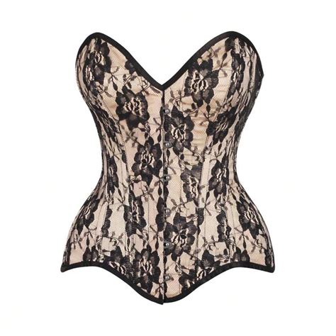 Top Drawer Nude Satin W Black Lace Overlay Steel Boned Overbust Corset Shein Usa