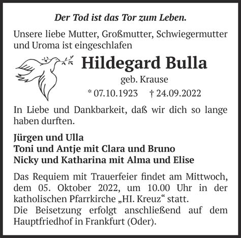 Traueranzeigen von Hildegard Bulla Märkische Onlinezeitung Trauerportal