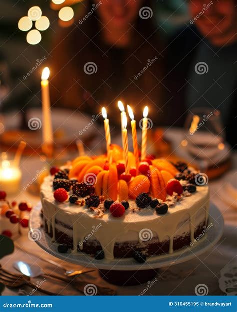 Birthday Cake With Lit Candles On Table Stock Illustration