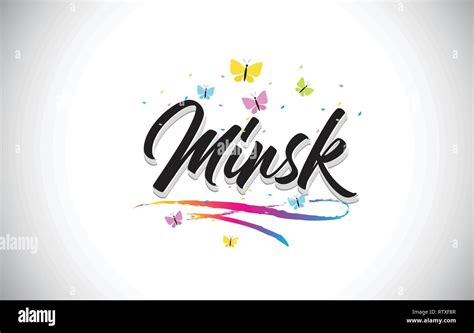 Minsk Handwritten Word Text With Butterflies And Colorful Swoosh Vector