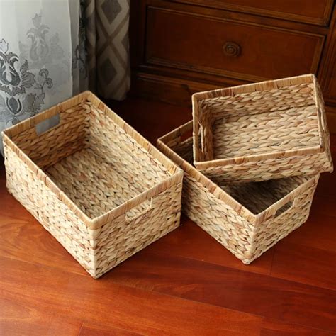 Storage Baskets Containers Natural water hyacinth Rectangular Storage Bins Organizer Box Metal ...