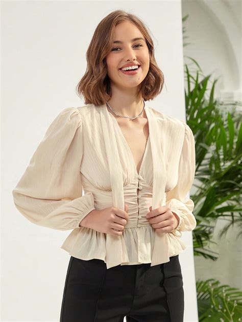 Enchnt Lantern Sleeve Ruched Ruffle Hem Blouse Shein Usa