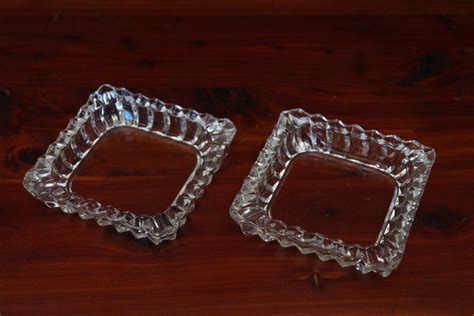 Vintage Cut Glass Square Ashtrays Set Of 2