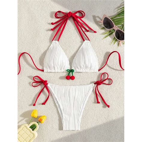Sexy White Cherry Bikini Set Women Red Strap Contrast Ribbed Push Up Micro Swimwear