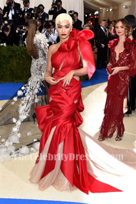 Rita Ora Red And Nude Cut Out One Shoulder Evening Ball Gown 2017 Met