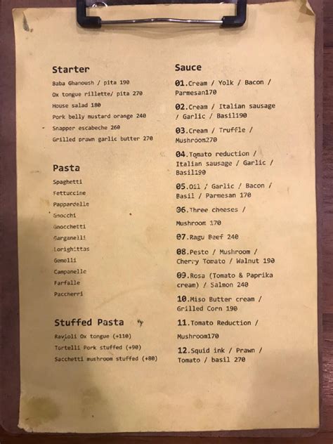 Menu at OO PASTA restaurant, Bangkok