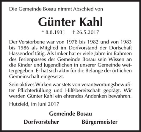 Traueranzeigen von Günter Kahl sh z Trauer