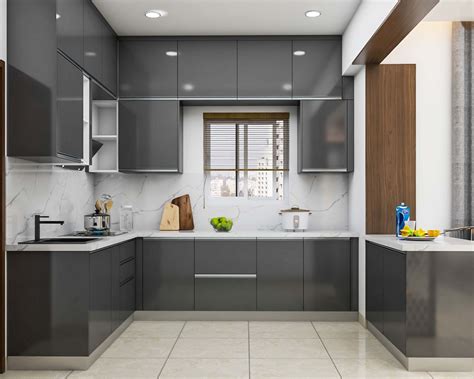 spacious black indian kitchen design  cabinets livspace