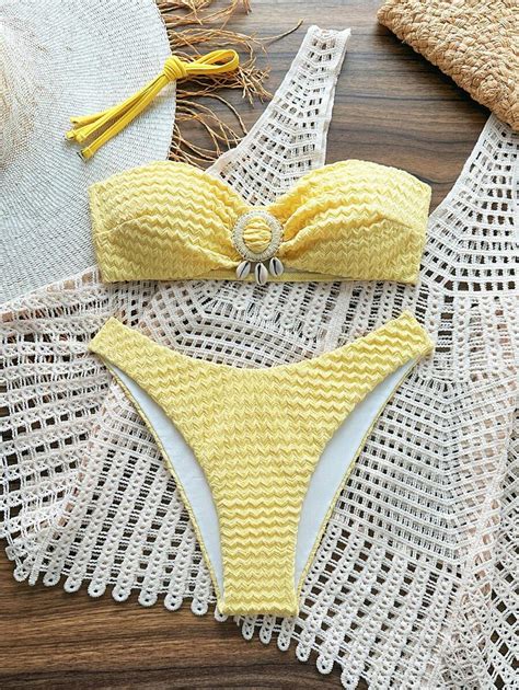 Shein Swim Pcs Textured Fabric Yellow Beach Outfit For Women Sexy Cute Halter Bikini Set For