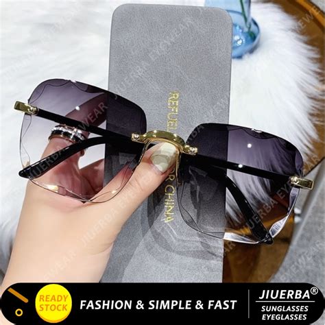 Jiuerba New Sunglasses For Women Fashion Rimless Beach Gradient Sunglass Original Lady Retro