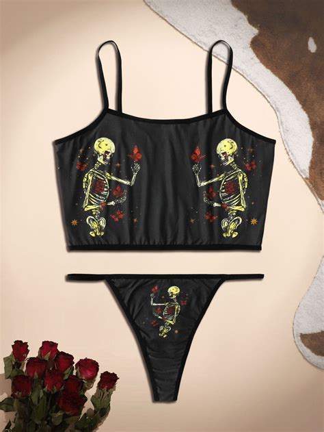 ROMWE Goth Skeleton Graphic Lingerie Set