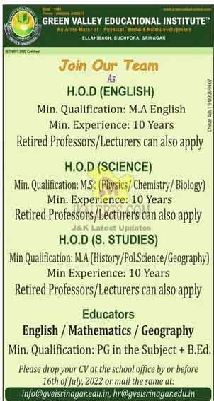 Jobs In Green Valley Educational Institute Jkalerts Jk