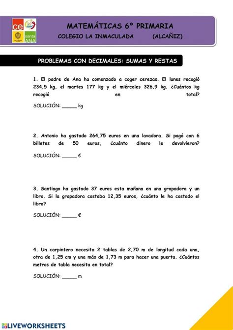 Problemas Sumas Y Restas Decimales Worksheet Decimal Numeros