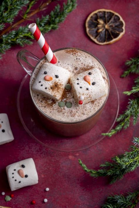 Red Mug With Hot Chocolate And Melted Marshmallow Snowman Red Festive Background Stock Image