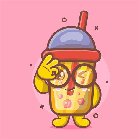 Kawaii Bubble Tea Drink Character Mascot With Ok Sign Hand Isolated