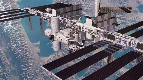 international space station floating   earth image  stock