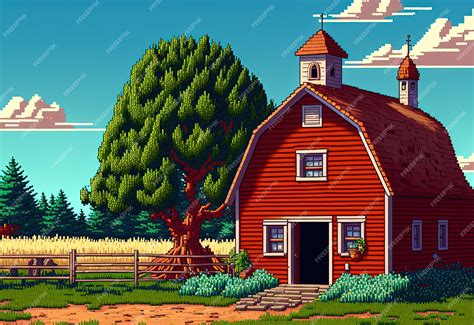 Pixel Art Of Farm With Barn Silo Fence And Trees Background In Retro