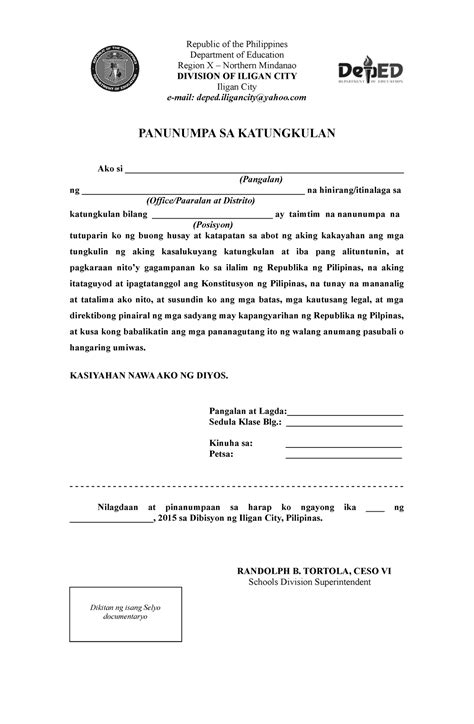 Panunumpa Sa Katungkulan Republic Of The Philippines Department Of