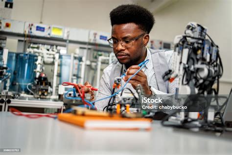 engineer works  mechatronic laboratory stock photo  image