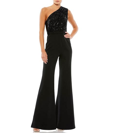 Mac Duggal Sequin Asymmetrical One Shoulder Sleeveless Satin Flare Leg