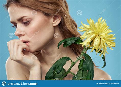 Emotional Woman With Flowers Spring Model Naked Shoulders Clear Skin Stock Image Image Of