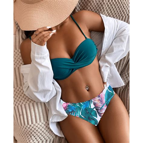Sexy Printed Bikini Cross Hard Wrap Split Swimwear Lace Up High Waist Swimming Beach Resort