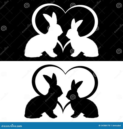 Monochrome Silhouette Of Two Rabbits And A Heart Stock Vector