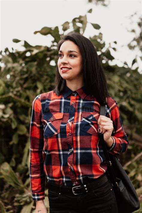 Pretty Brunette Girl With Red Plaid Shirt Stock Photo Image Of Caucasian Outdoors 88110322