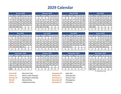 PDF Calendar 2029 with Federal Holidays | WikiDates.org