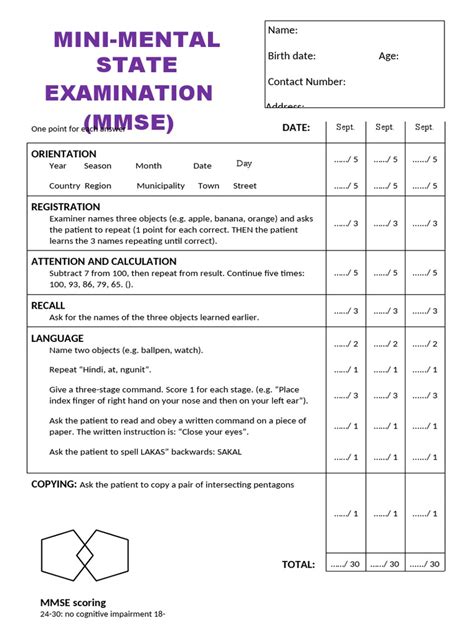 Mmse Printable Mini Mental State Examination Pdf Urinary