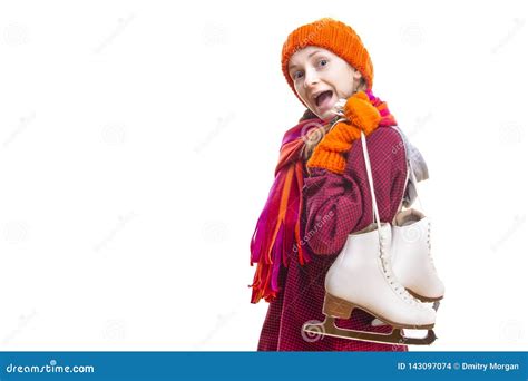 Portrait Of Exclaiming Caucasian Girl In Winter Clothes Posing With Ice