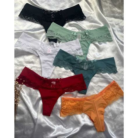 Lingerie Calcinha Fio Dental Duplo Microfibra Renda Shopee Brasil