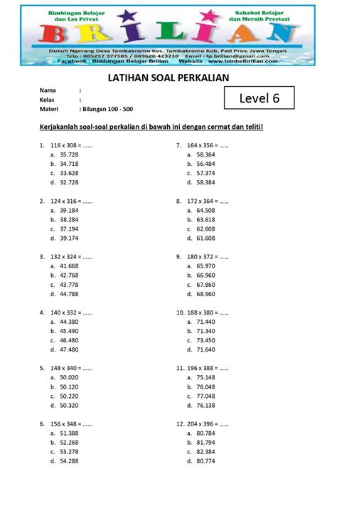 Soal Perkalian Kelas 5 SD Level 6 Bilangan 100 500 Bimbel Brilian