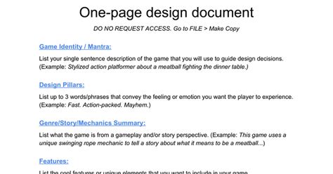 One Page Game Design Document Template Google Docs