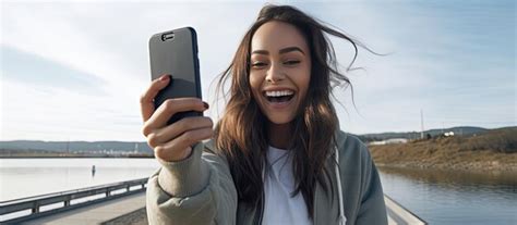 Mujer Latina Sonriente Tomando Un Selfie Junto Al R O Vistiendo Ropa Gris Con El Cielo De Fondo