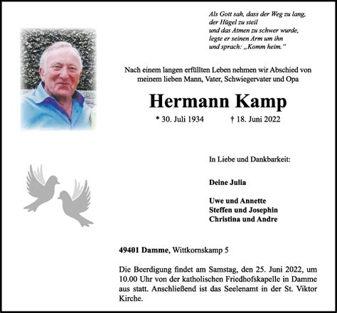 Traueranzeigen Von Hermann Kamp Om Trauer De