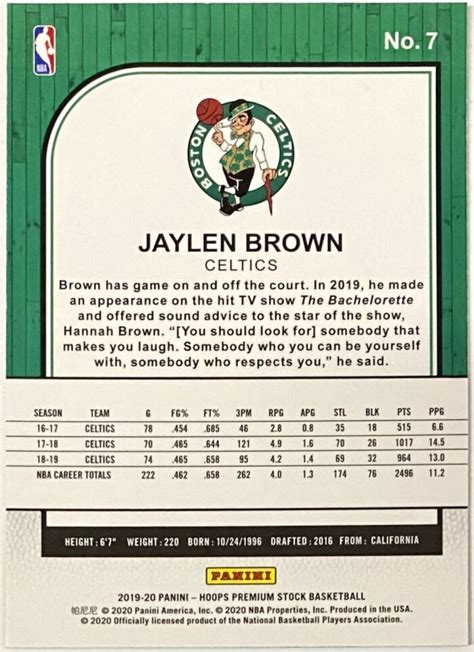 Jaylen Brown 2019 20 Panini Hoops Premium Stock Basketball Boston