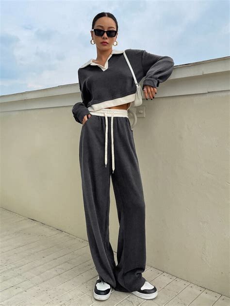 Dazy Contrast Collar Drop Shoulder Crop Sweatshirt And Sweatpants Shein Usa