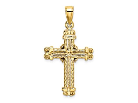 K Yellow Gold Polished And Textured Cross Pendant Wva Jtv