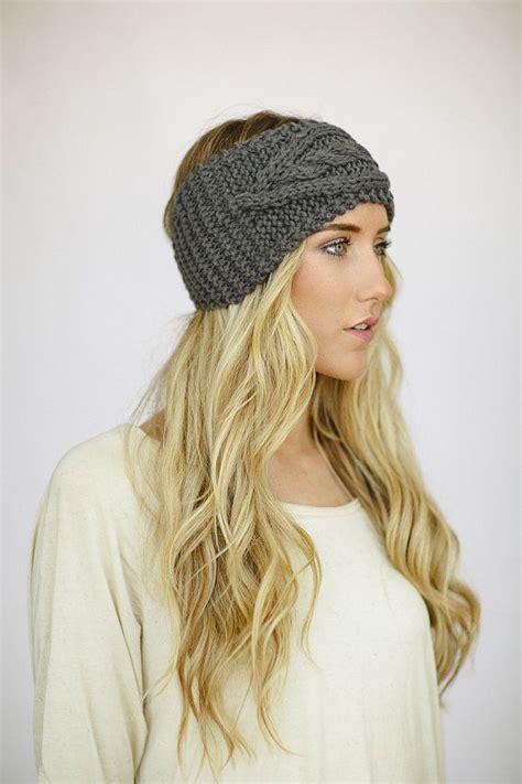 Gray Cable Knitted Headband Ear Warmer Grey Turband Style Exclusive