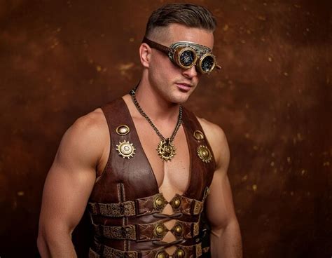 Handsome Gay Man In Leather Corset With Brass Goggles In Steampunk