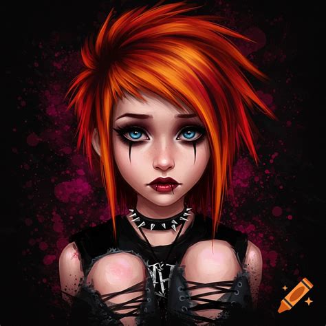 anime portrait   emo girl  black hair red streaks  dark