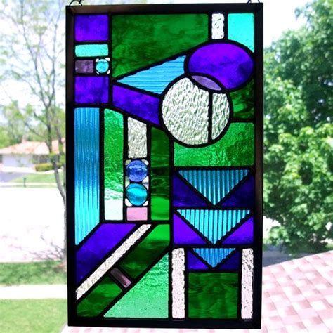 Blues And Greens Geometric Stained Glass Panel Etsy In 2023 Stained