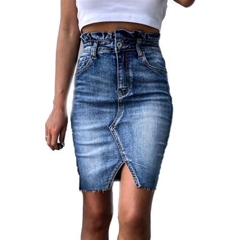 Multitrust Womens High Waist Hem Ripped Denim Skirt Bodycon Frayed Holes Pencil Jean Skirt